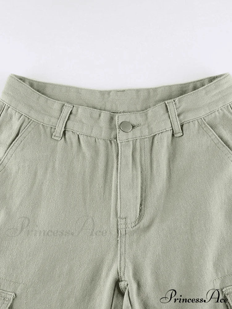 Green Wash Vintage Trendy Straight Cargo Jeans