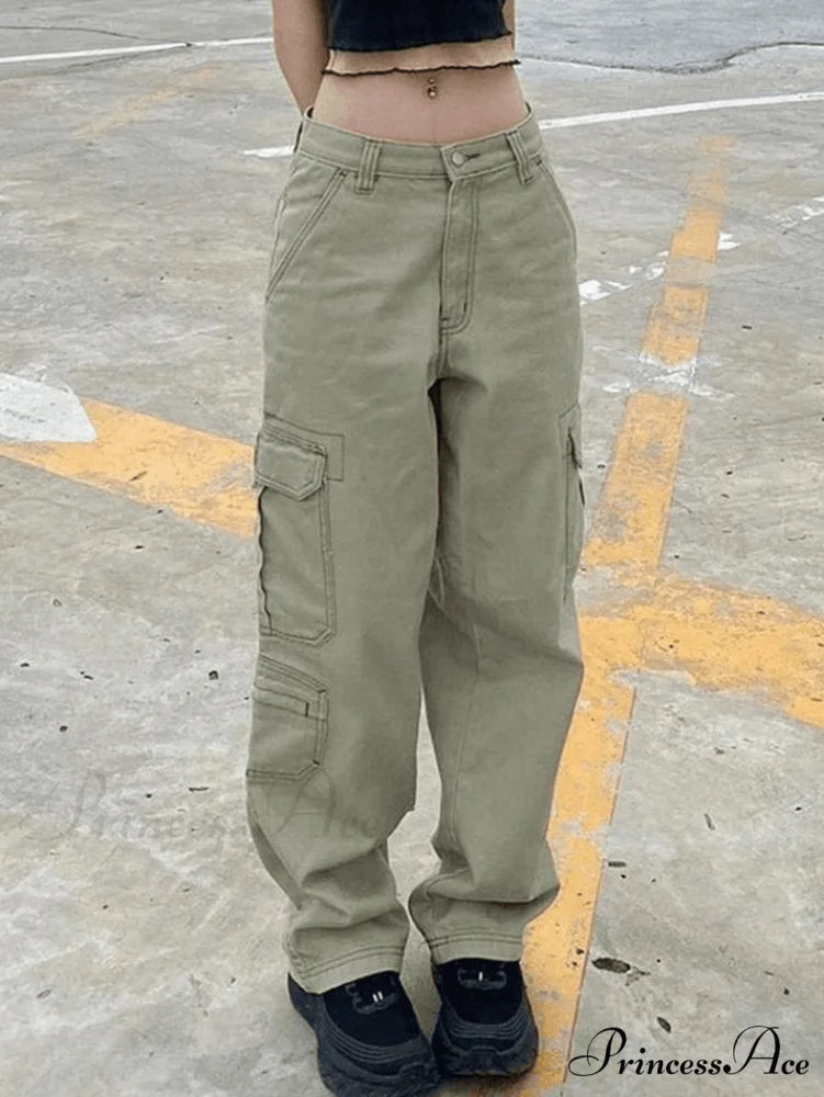 Green Wash Vintage Trendy Straight Cargo Jeans Green / S