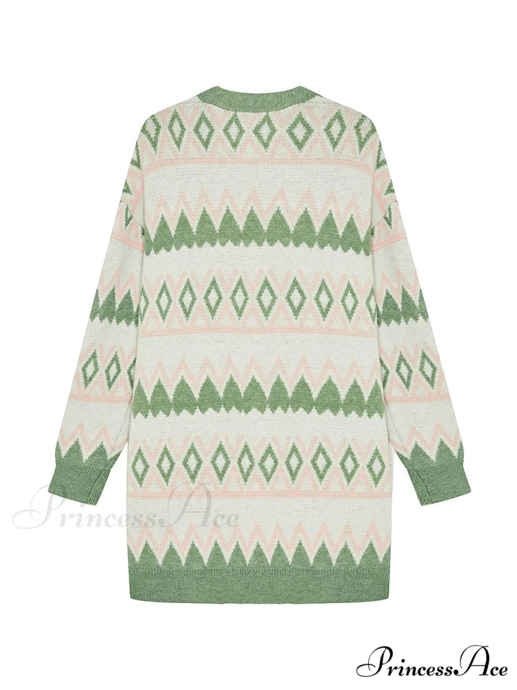 Green White Knee Length Loose Open Cardigan Sweater