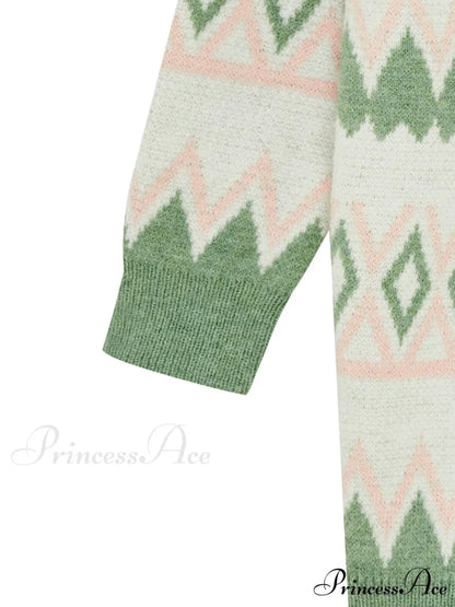 Green White Knee Length Loose Open Cardigan Sweater