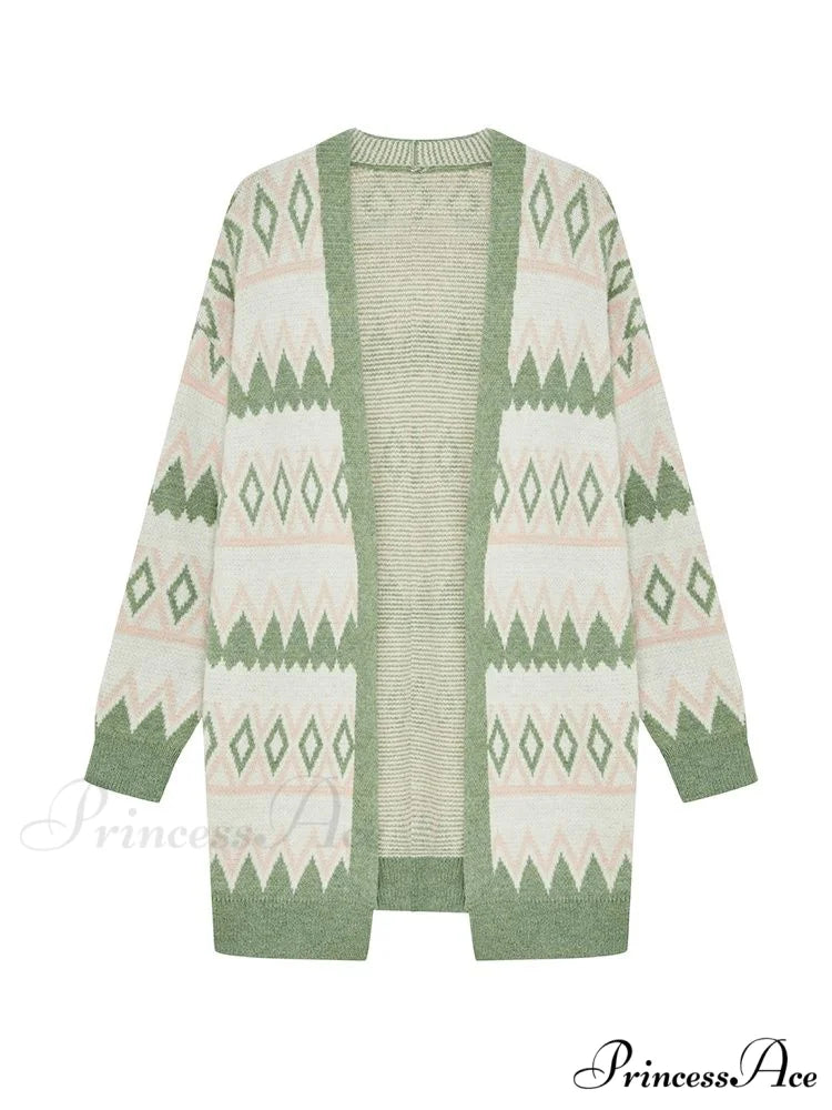 Green White Knee Length Loose Open Cardigan Sweater Green / S