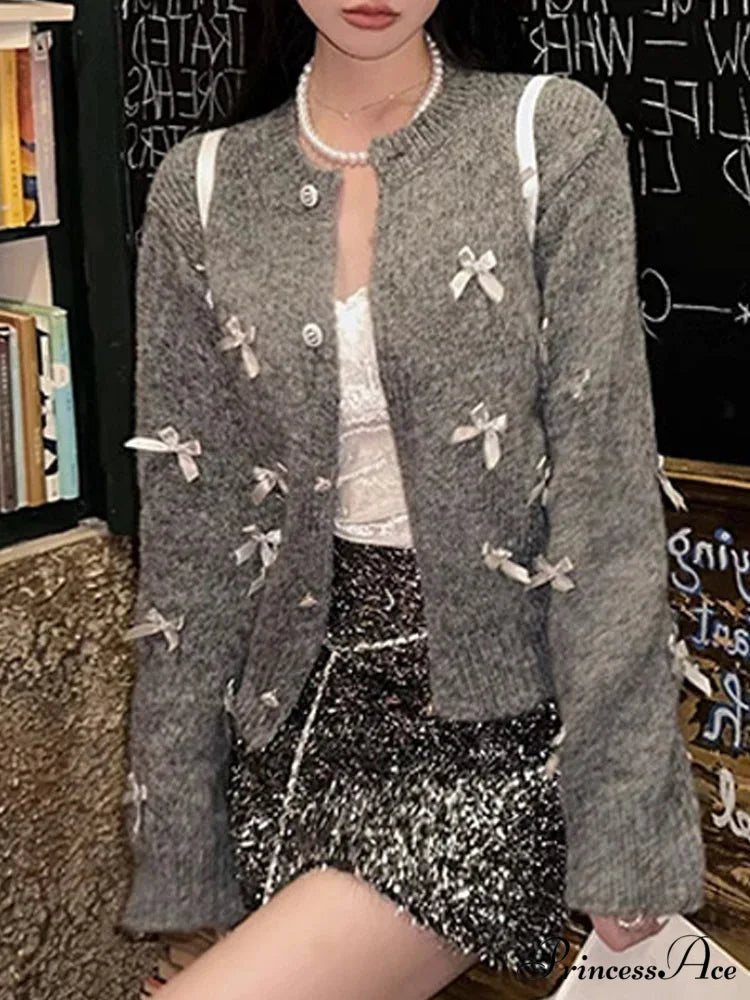 Grey Bow O-neck Cardigan