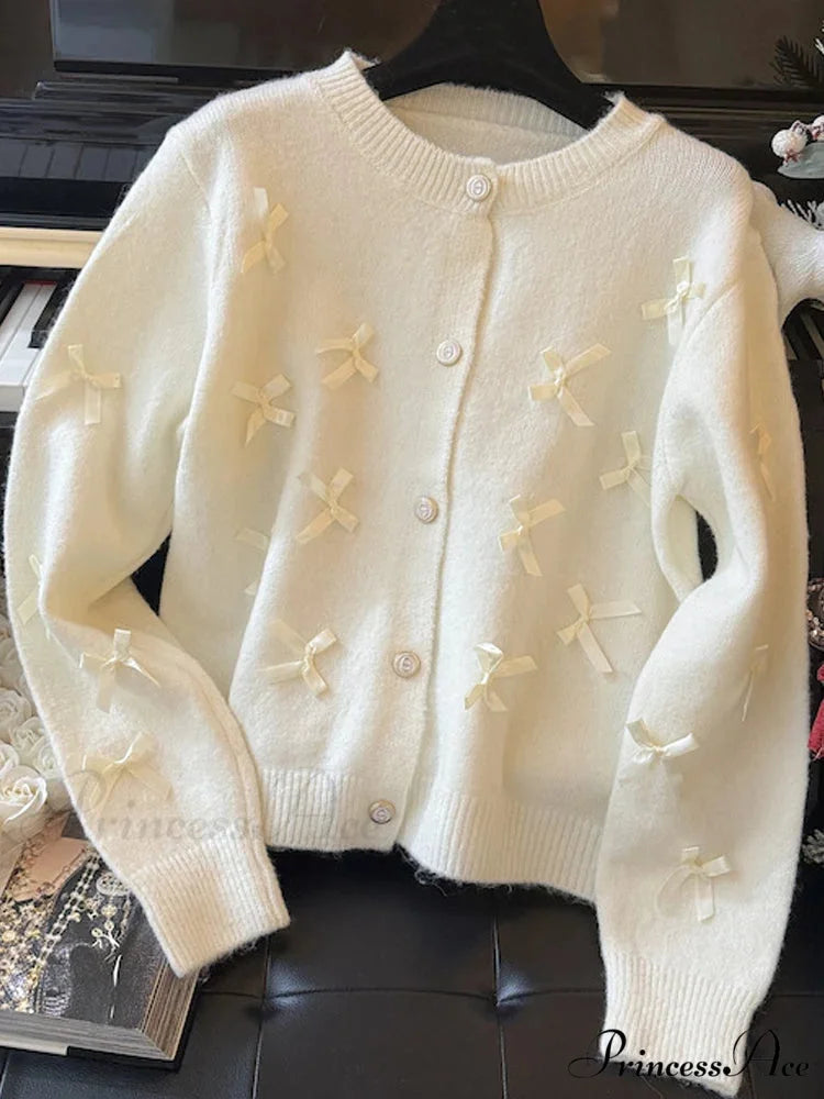 Grey Bow O-neck Cardigan Beige / One Size