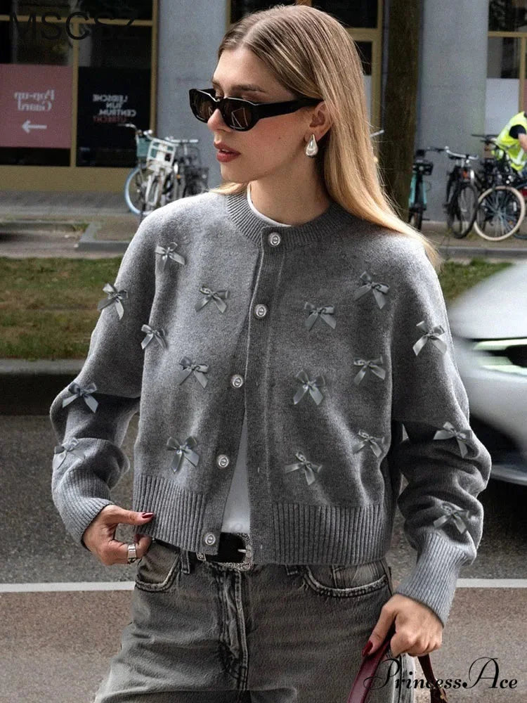 Grey Bow O-neck Cardigan GRAY / One Size