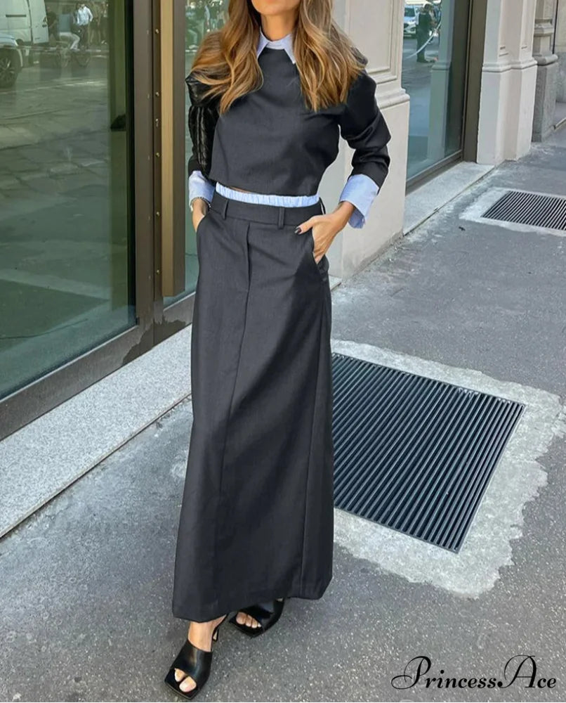 Grey Extended Sleeve Crop Skirt Workplace Two Piece Set GRAY / S officetwopieceset-250223