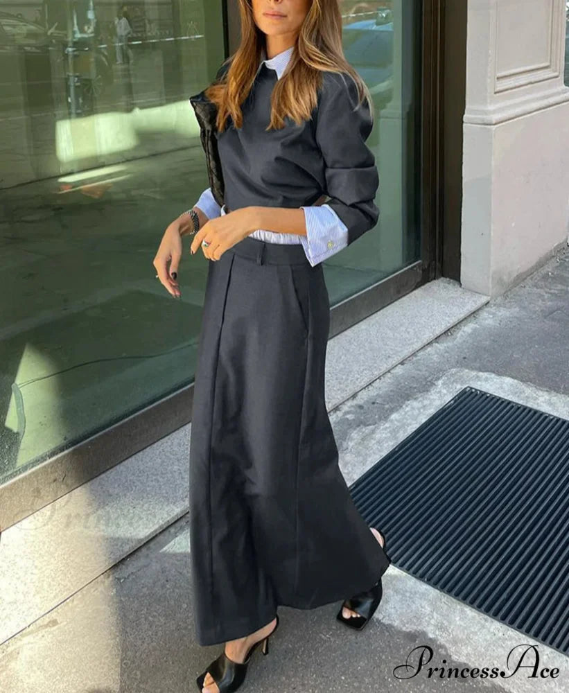 Grey Extended Sleeve Crop Skirt Workplace Two Piece Set officetwopieceset-250223