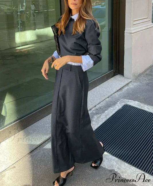 Grey Extended Sleeve Crop Skirt Workplace Two Piece Set officetwopieceset-250223