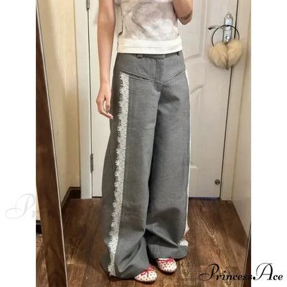 Grey Lace 2000s Women Suit Wide Leg Trousers pants-241228