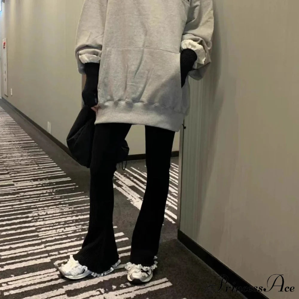 Grey Lace Flounce Women Informal Knit Trousers pants-241228