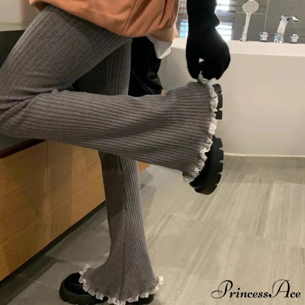 Grey Lace Flounce Women Informal Knit Trousers pants-241228