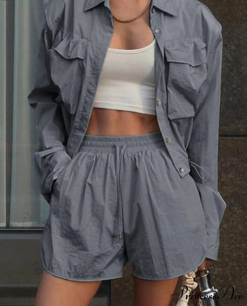 Grey Nylon Crop Blouse Shorts Office Two Piece Set GRAY / S officetwopieceset-250223