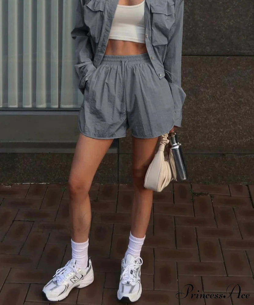 Grey Nylon Crop Blouse Shorts Office Two Piece Set officetwopieceset-250223