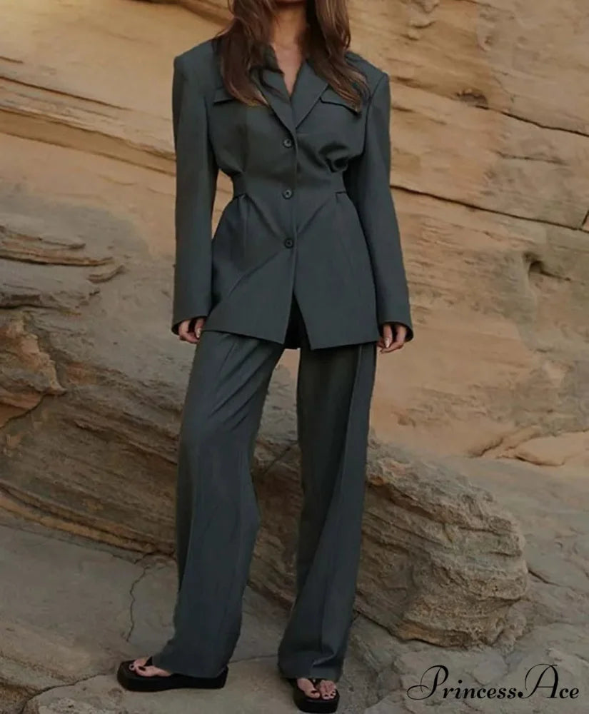 Grey Pockets Tunic Straight Pants Workplace Two Piece Set GRAY / S officetwopieceset-250223