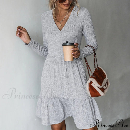 Grey Sexy V-neck Long Sleeve Party Dress CAA05A2J008JJ / XS
