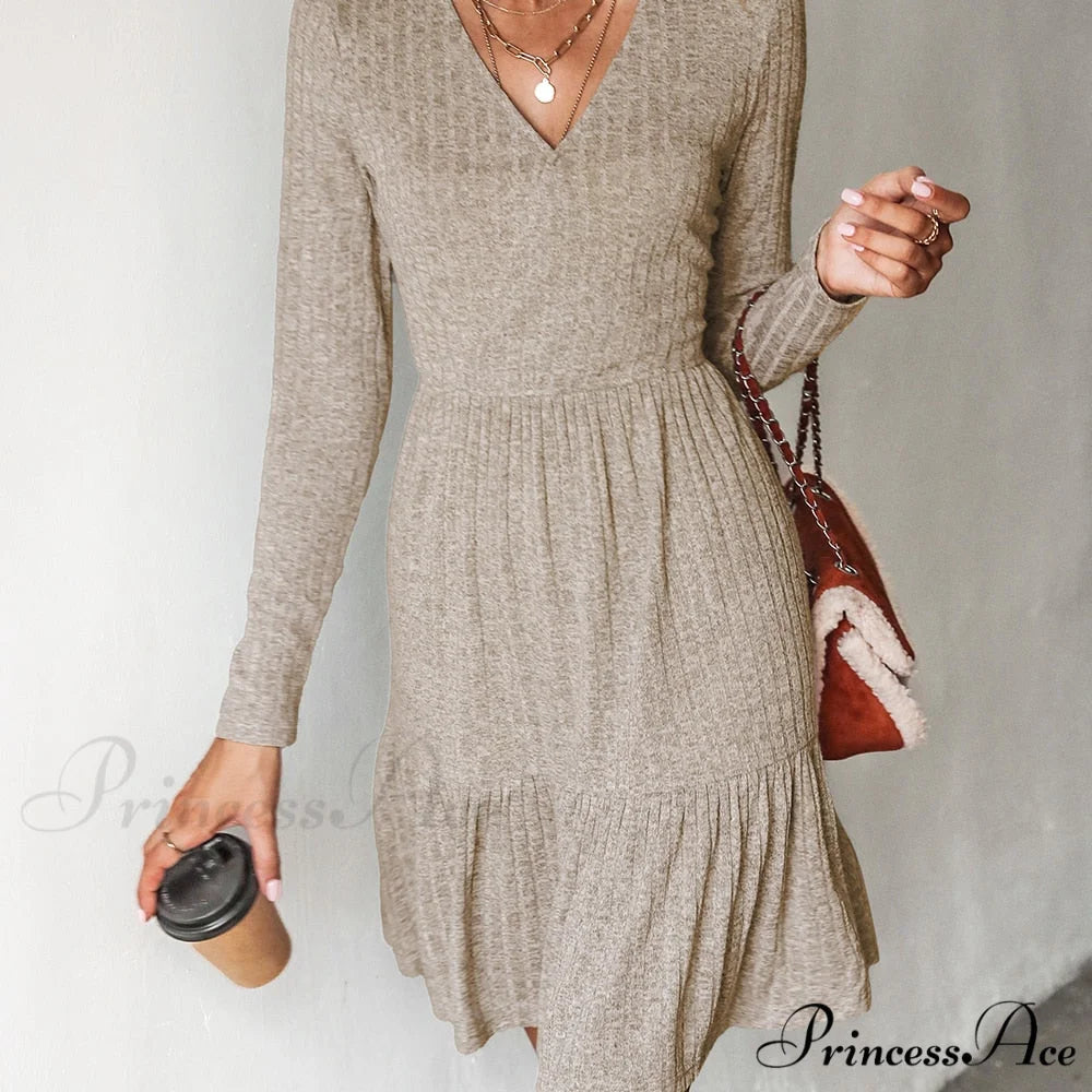 Grey Sexy V-neck Long Sleeve Party Dress CAA05A2J008JJ / XS