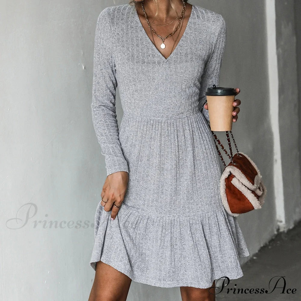 Grey Sexy V-neck Long Sleeve Party Dress CAA05A2J008JJ / XS