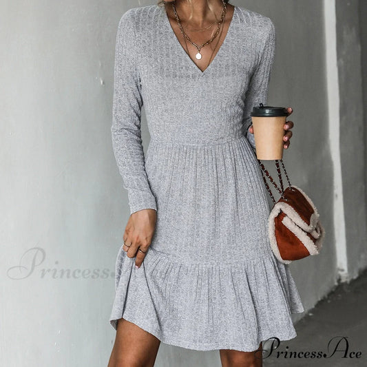 Grey Sexy V-neck Long Sleeve Party Dress CAA05A2J008JJ / XS