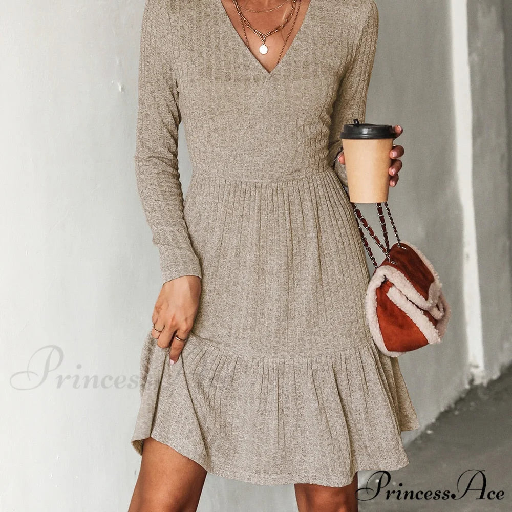 Grey Sexy V-neck Long Sleeve Party Dress CAA05A2J008JJ / XS