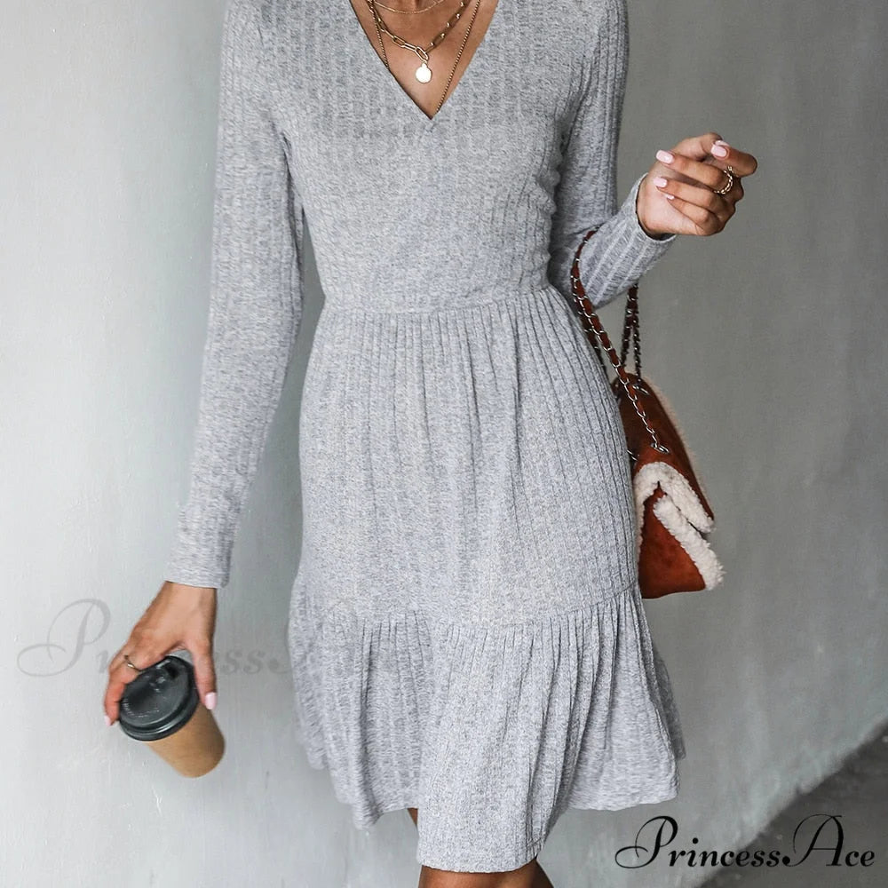 Grey Sexy V-neck Long Sleeve Party Dress CAA05A2J008JJ / XS