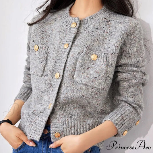 Grey Sophisticated Round-neck Button Cardigan GRAY / One Size cardigans-241228