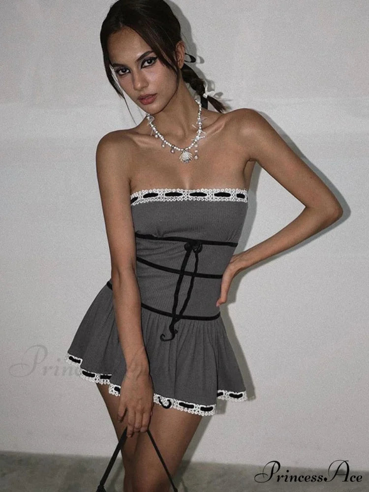 Grey Tube Lace Charming Strap Mini Dress Grey / S