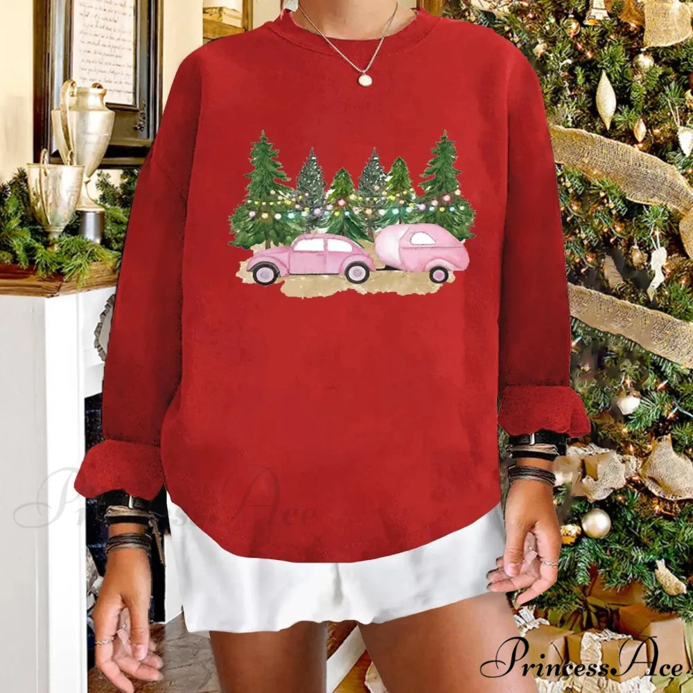 Grid Pattern Cartoon Winter Warm Hooded Crewneck Christmas Hoodie red4 / S Christmas Hoodies-L