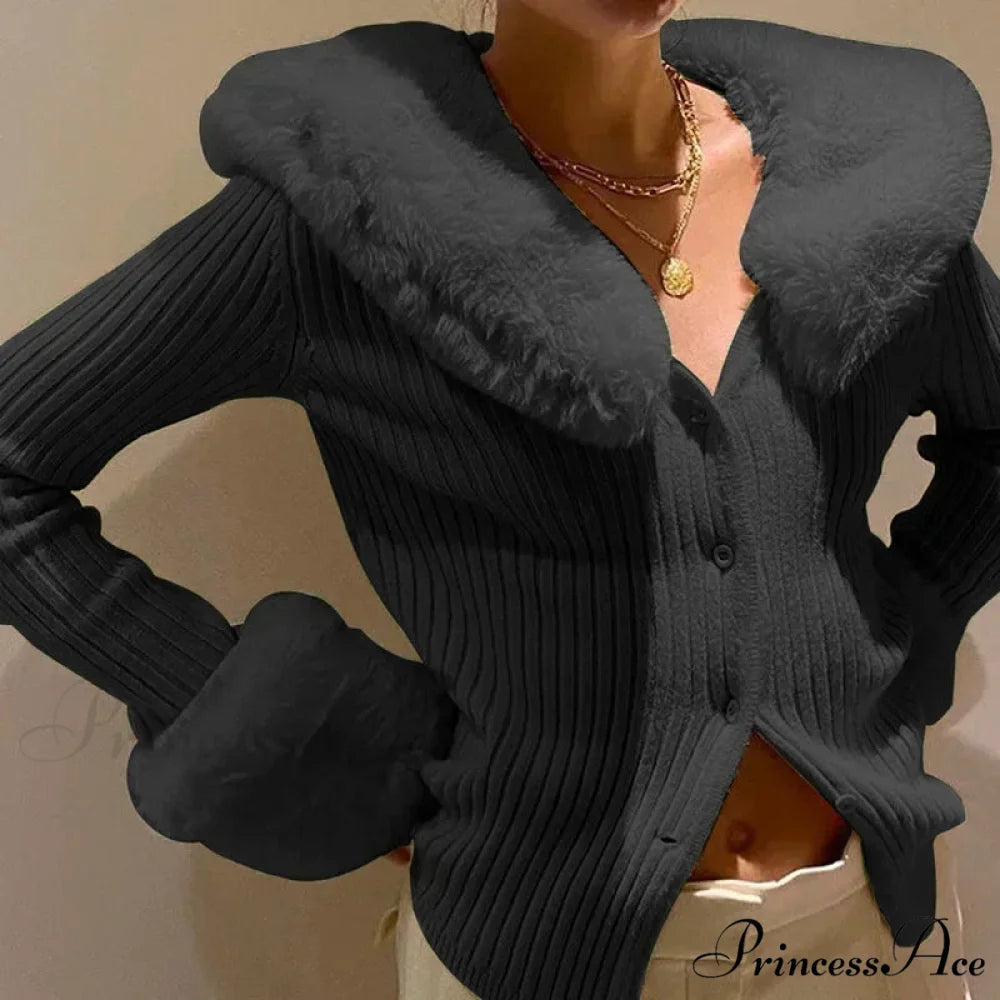 Grooved Furry Border Sleek Knitted Cardigan Black / S cardigans-241228