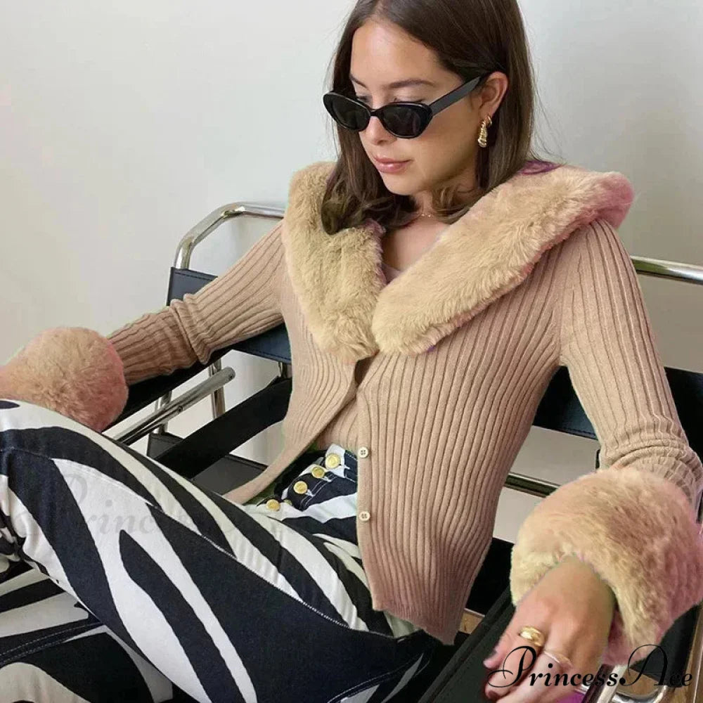 Grooved Furry Border Sleek Knitted Cardigan Khaki / S cardigans-241228