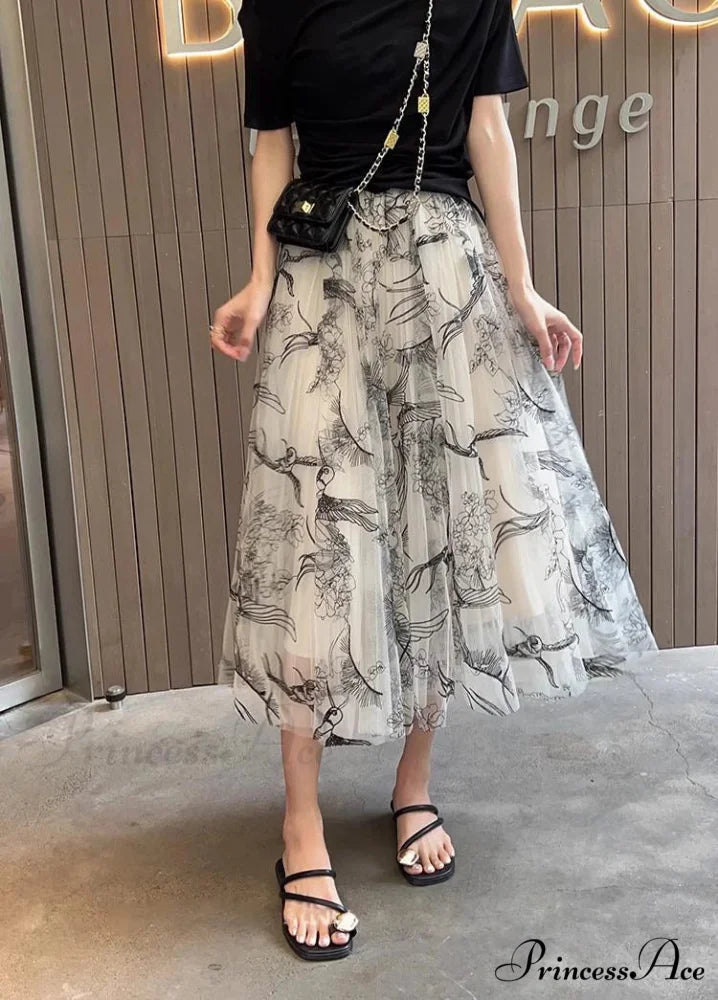 Grouping Blossom Bird Mesh Elastic Waist Midi Skirt white / Free size skirt-250126