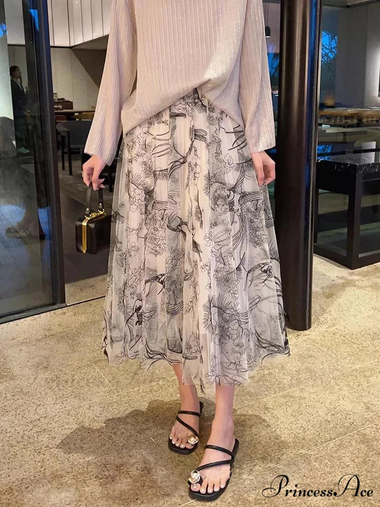 Grouping Blossom Bird Mesh Elastic Waist Midi Skirt white / Free size skirt-250126