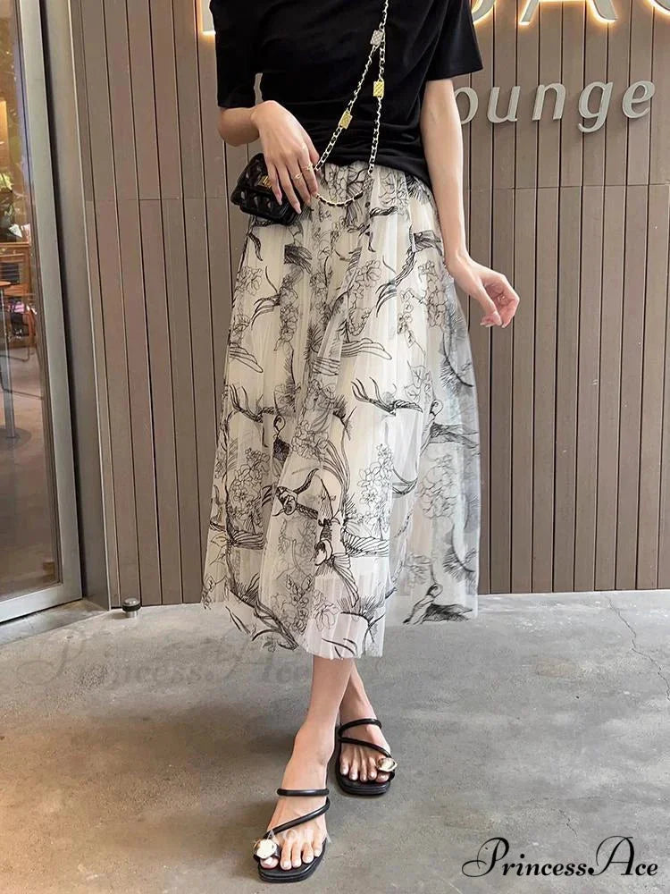 Grouping Blossom Bird Mesh Elastic Waist Midi Skirt white / Free size skirt-250126