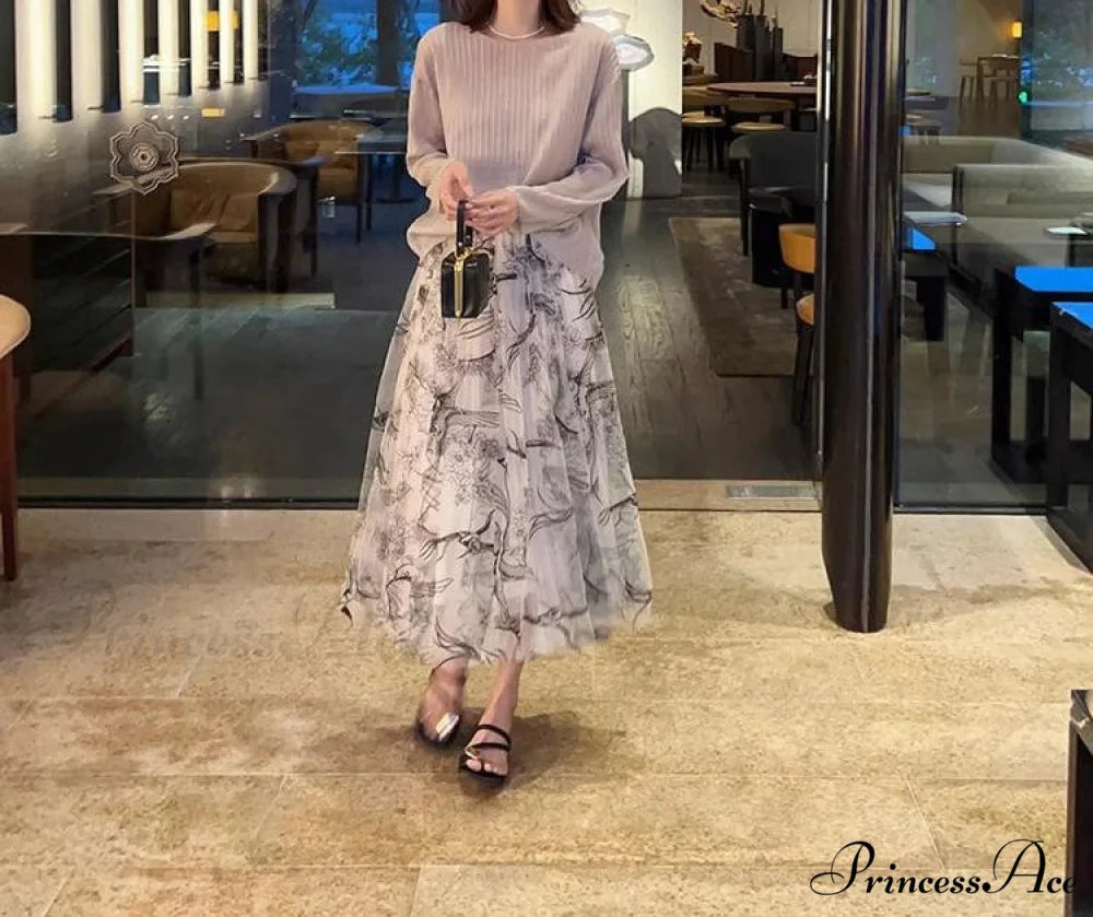 Grouping Blossom Bird Mesh Elastic Waist Midi Skirt white / Free size skirt-250126