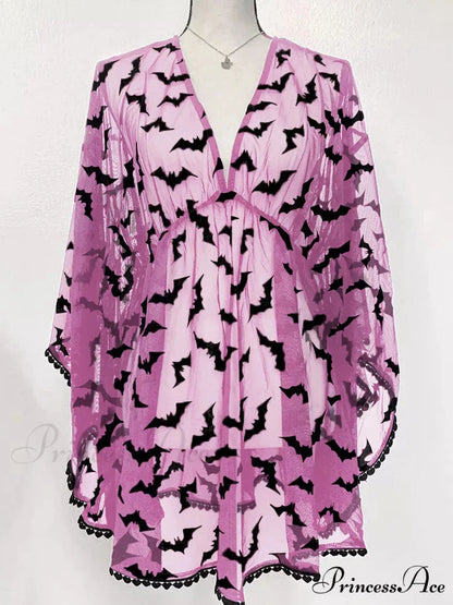 Grunge Aesthetic See Through Black Goth Lace E-Girls Chiffon Graphic Bat Night Club Dress
