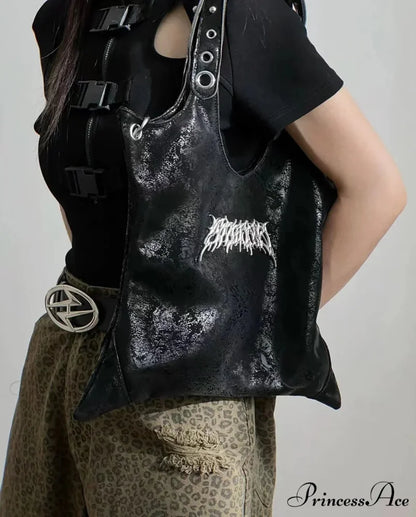 Grunge Black Gothic Dark PU Leather Large Capacity Vintage Rivet Messenger Bag Black