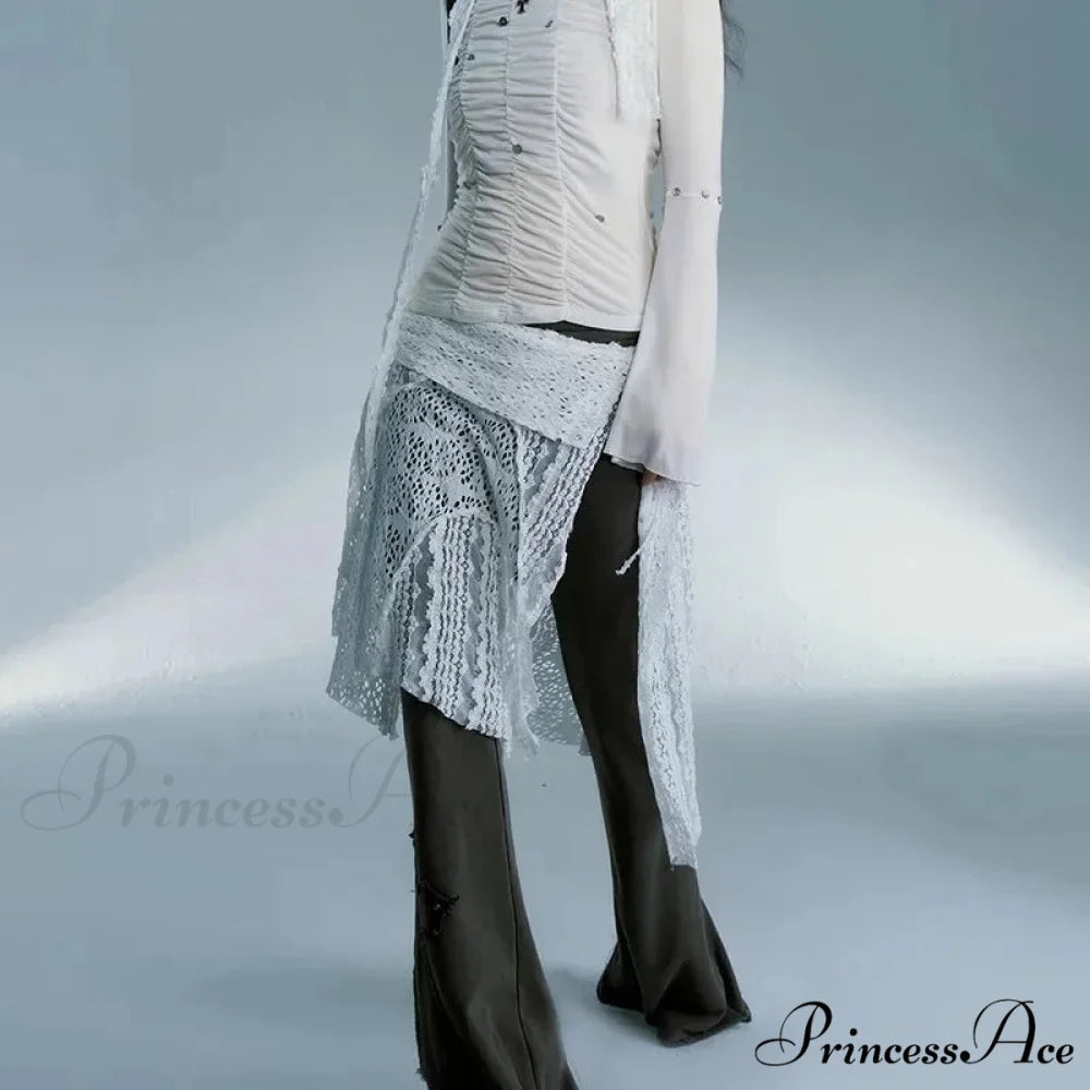 Grunge Lace Irregular Tulle Patchwork Streetwear Skirt White / One Size