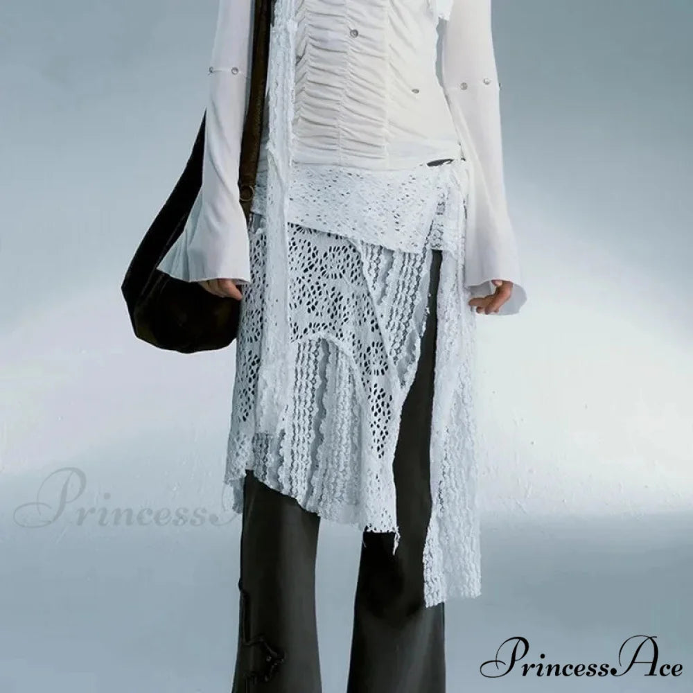 Grunge Lace Irregular Tulle Patchwork Streetwear Skirt White / One Size