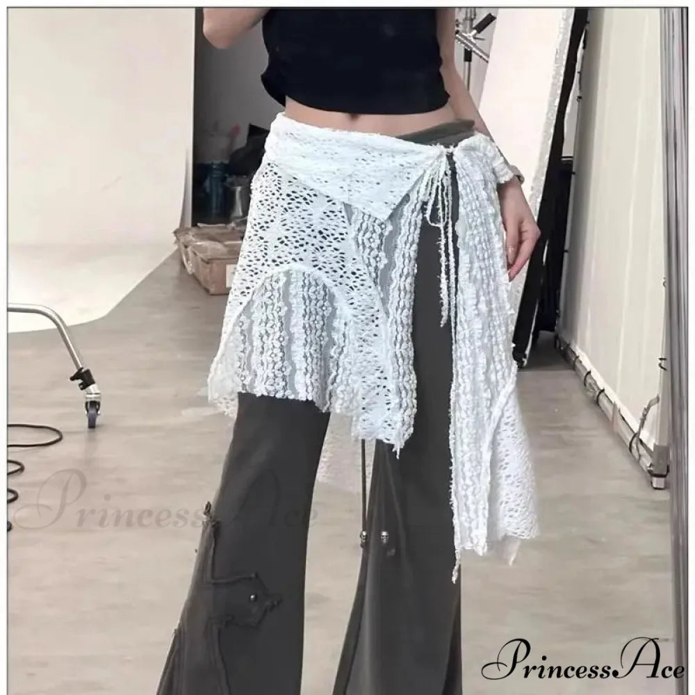 Grunge Lace Irregular Tulle Patchwork Streetwear Skirt White / One Size