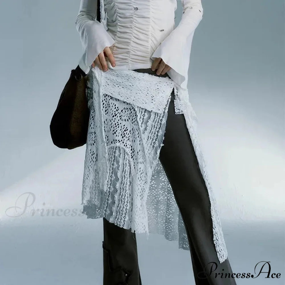 Grunge Lace Irregular Tulle Patchwork Streetwear Skirt White / One Size