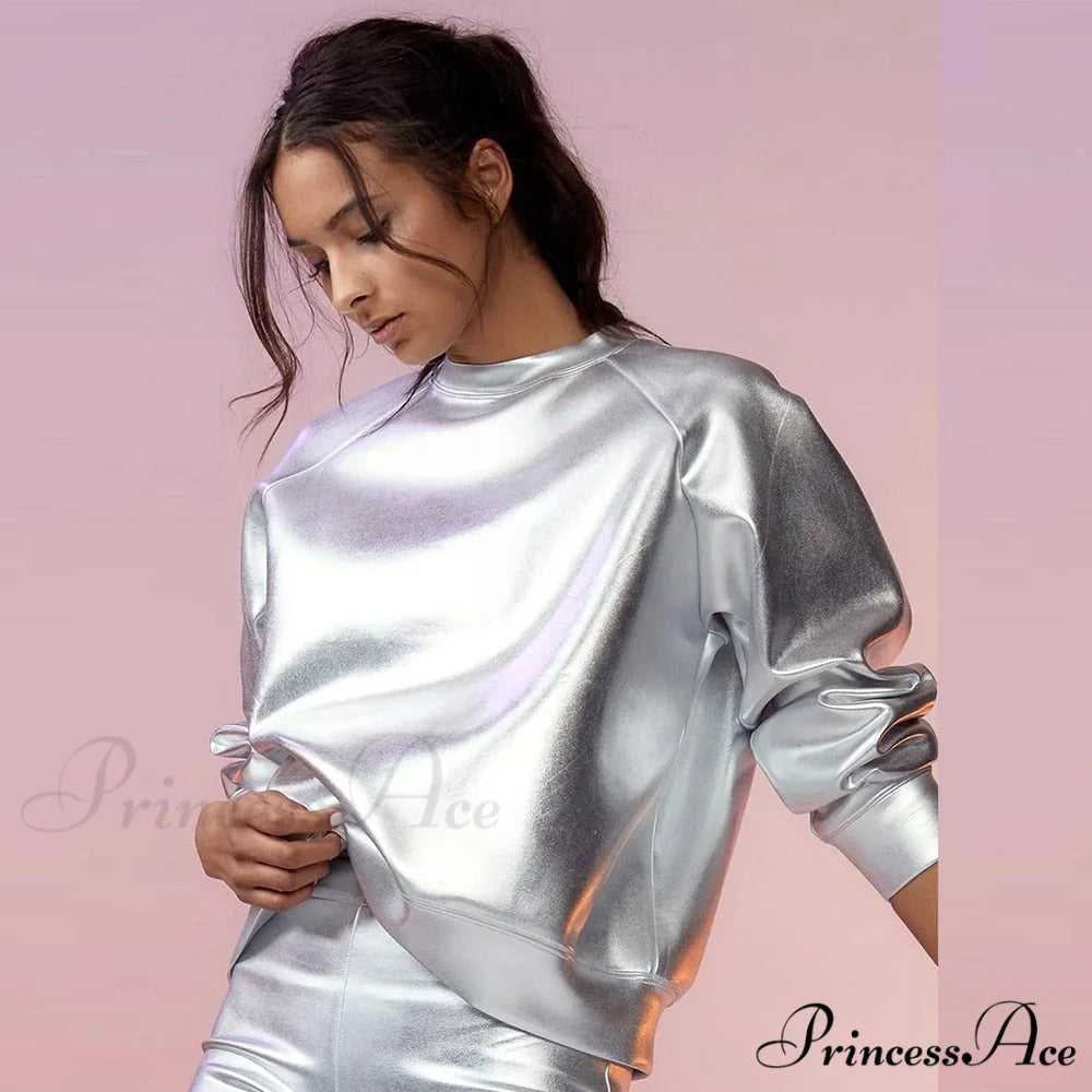 Grunge Sweatshirt Fall Nightclub PU Women’s Fairy 2024 Pullover Casual Metallic Spring Silver - Long Arm O Neck Coat