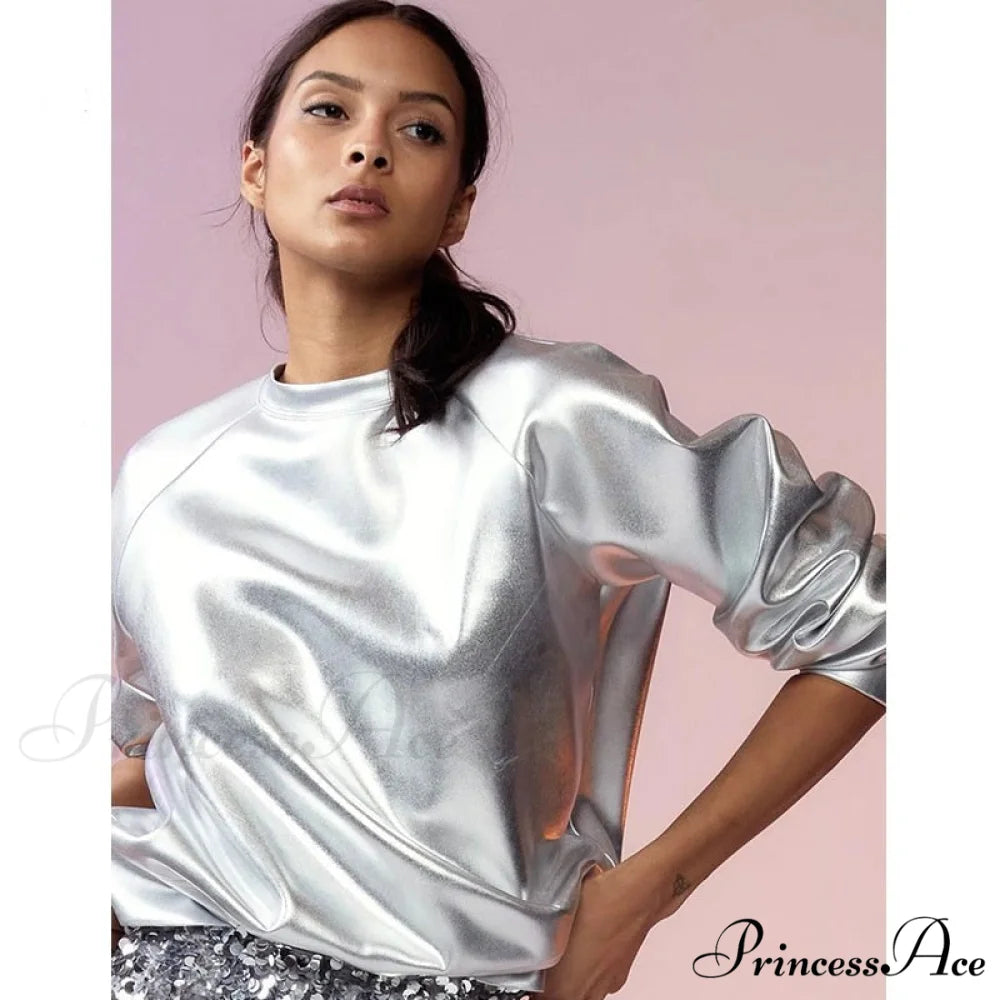 Grunge Sweatshirt Fall Nightclub PU Women’s Fairy 2024 Pullover Casual Metallic Spring Silver - Long Arm O Neck Coat