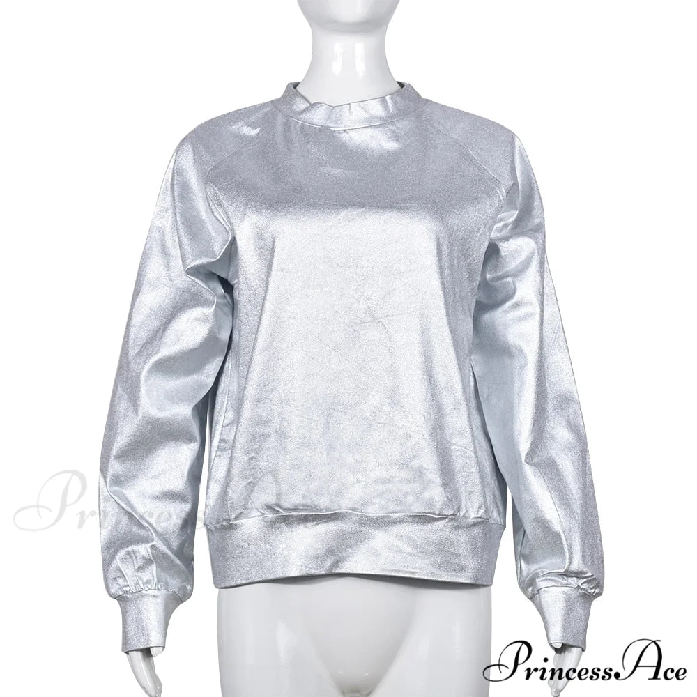Grunge Sweatshirt Fall Nightclub PU Women’s Fairy 2024 Pullover Casual Metallic Spring Silver - Long Arm O Neck Coat