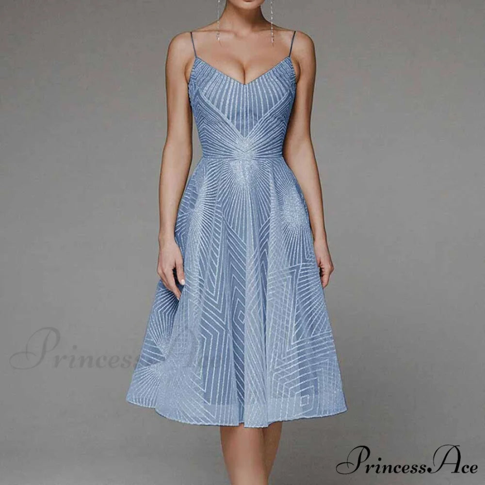 Guest Embroidered Formal Elegant Midi Warm-Season Wedding Evening Party - Backless Gown for Women Dress Blue / XS