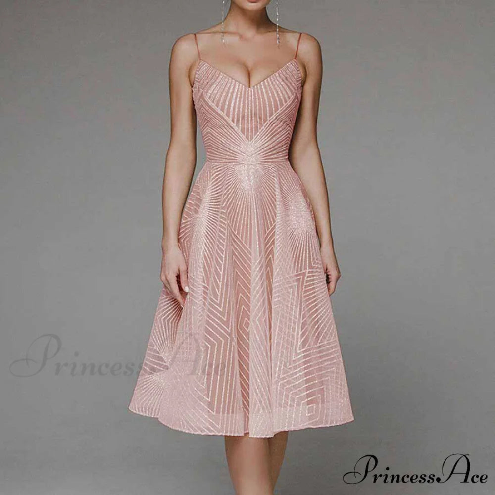 Guest Embroidered Formal Elegant Midi Warm-Season Wedding Evening Party - Backless Gown for Women Dress Pink / XS