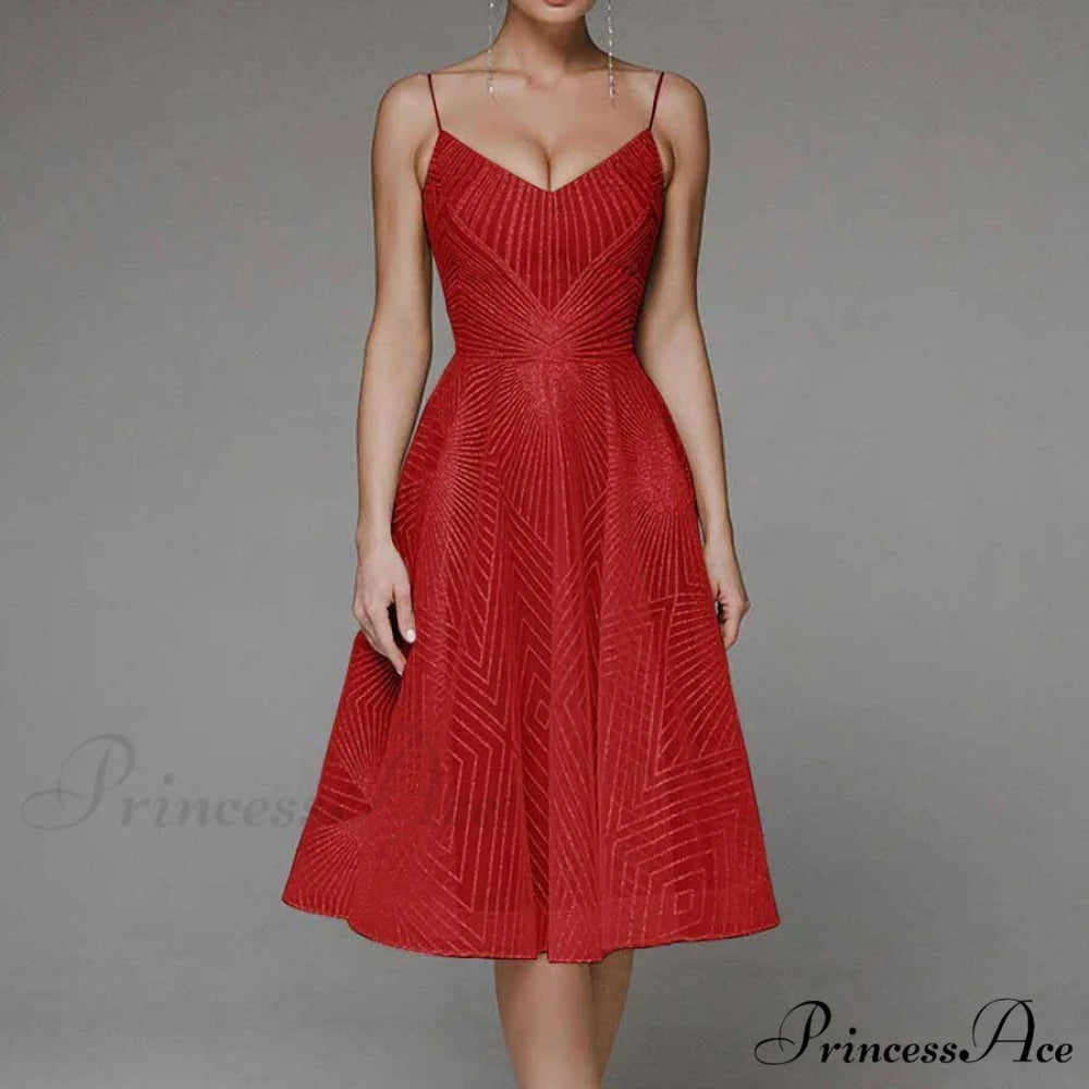 Guest Embroidered Formal Elegant Midi Warm-Season Wedding Evening Party - Backless Gown for Women Dress Red / XS