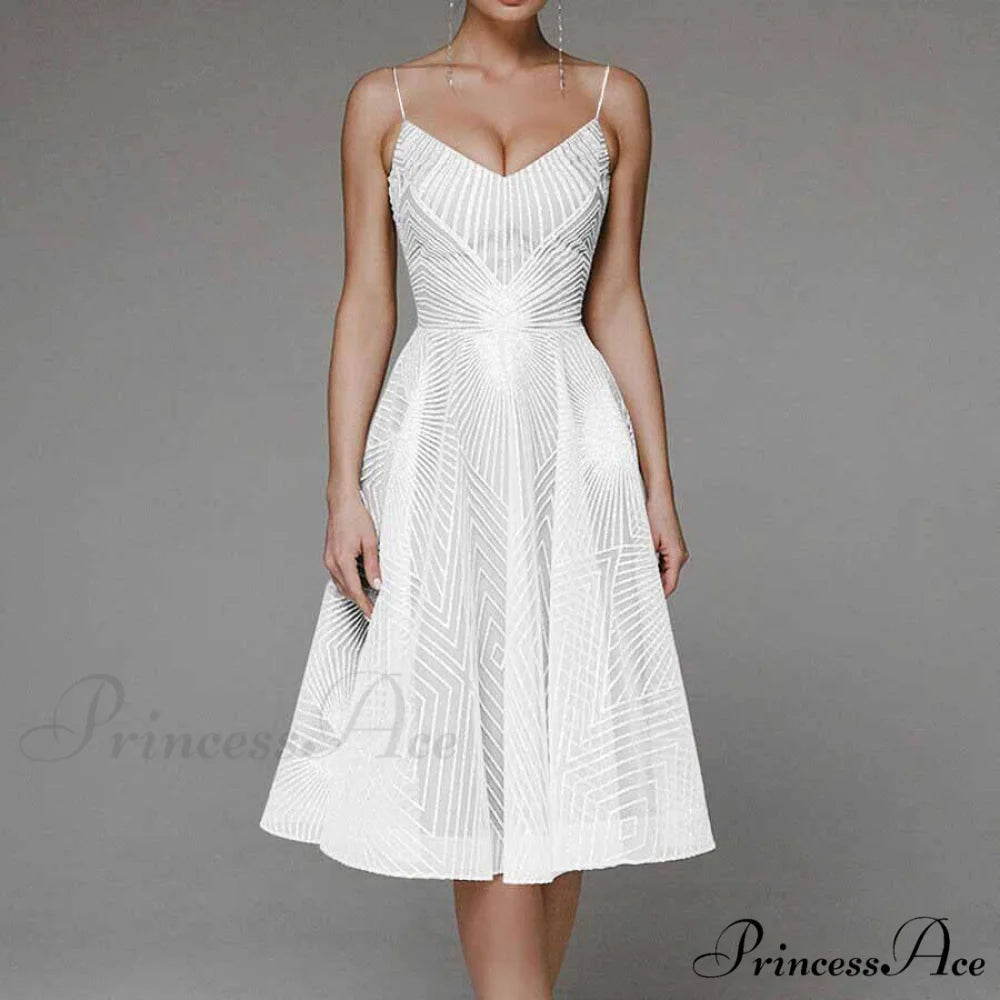 Guest Embroidered Formal Elegant Midi Warm-Season Wedding Evening Party - Backless Gown for Women Dress White / XS