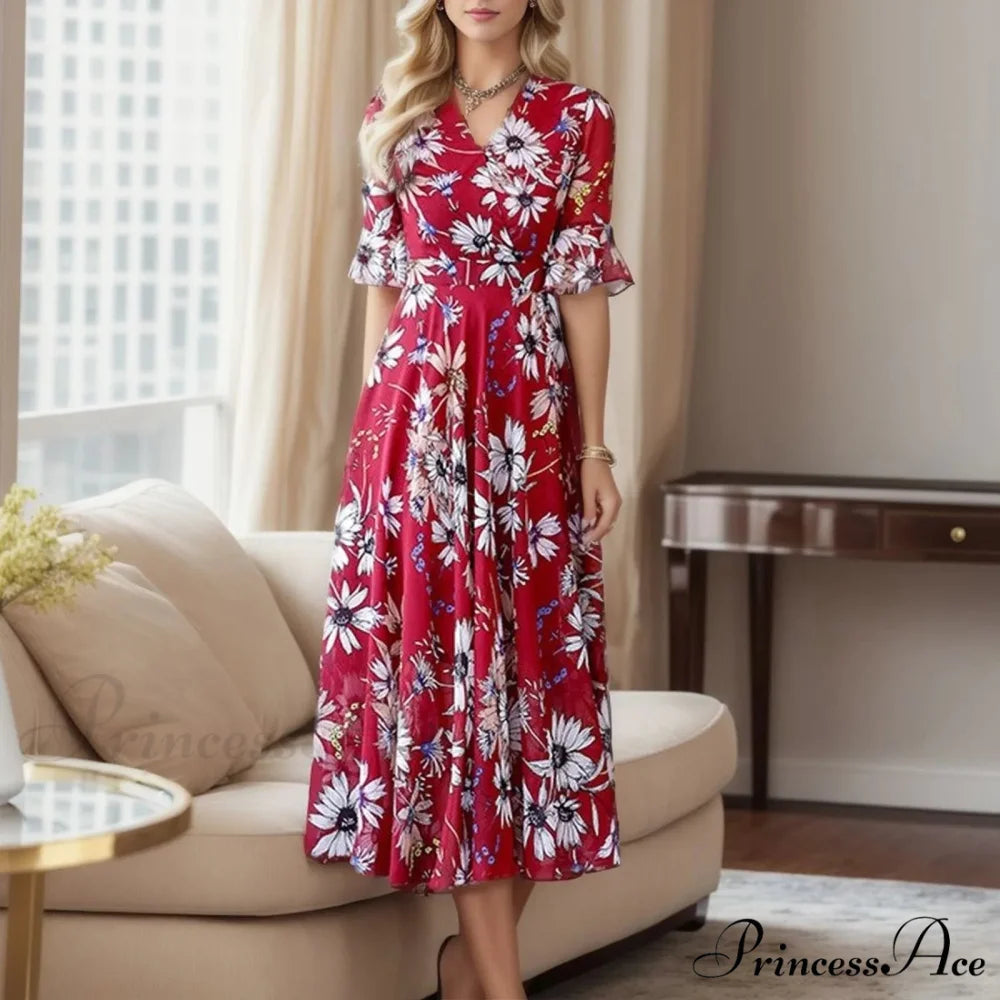 Guest Floral Sleeve Bohemian Flower Dress Red / M oldfloraldress-250126