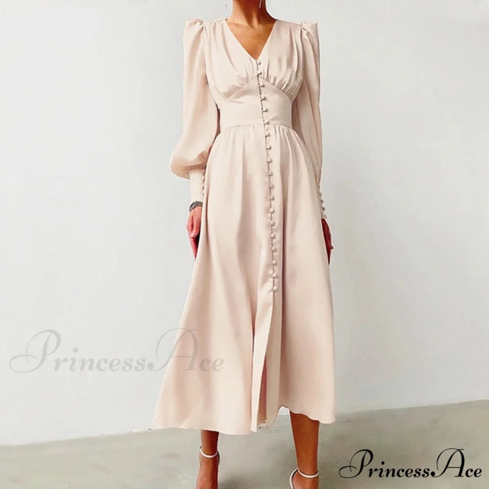 Guest Wedding Satin Full-Length Silk Gown Mid-Calf Empire Evening Vintage Party Buttons Dress