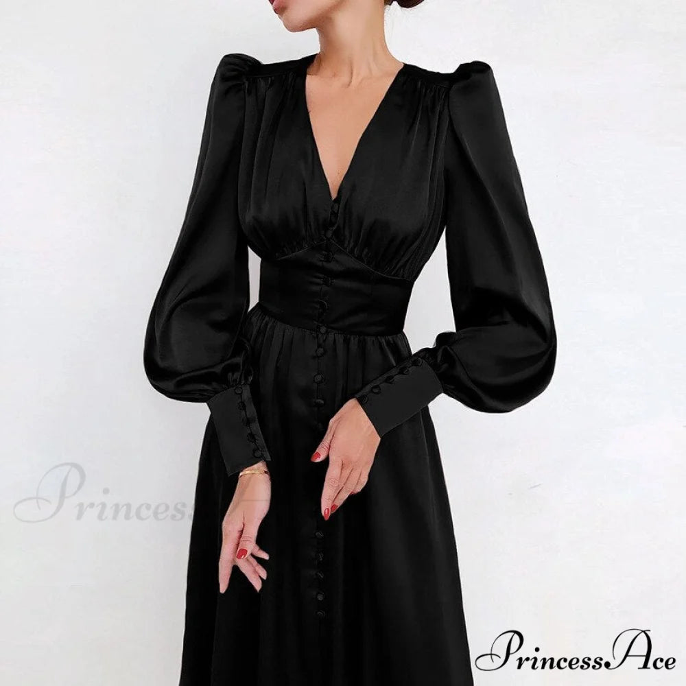 Guest Wedding Satin Full-Length Silk Gown Mid-Calf Empire Evening Vintage Party Buttons Dress black / XS