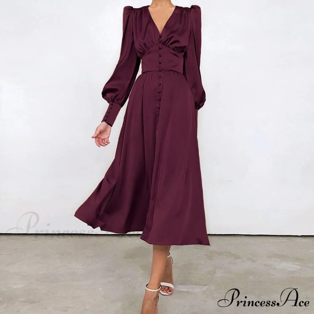Guest Wedding Satin Full-Length Silk Gown Mid-Calf Empire Evening Vintage Party Buttons Dress Burgundy / XS