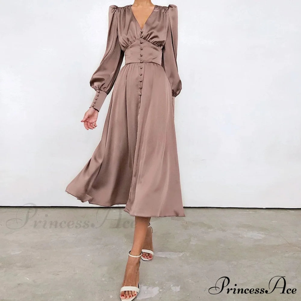 Guest Wedding Satin Full-Length Silk Gown Mid-Calf Empire Evening Vintage Party Buttons Dress Dusty Pink / XS